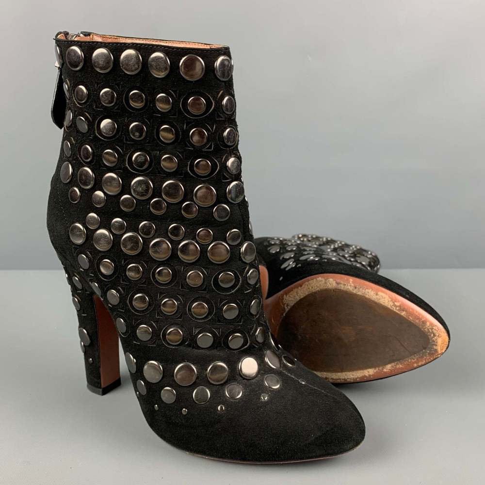 ALAIA Black Leather Studded Suede Back Zip Boots - Picture 3 of 7